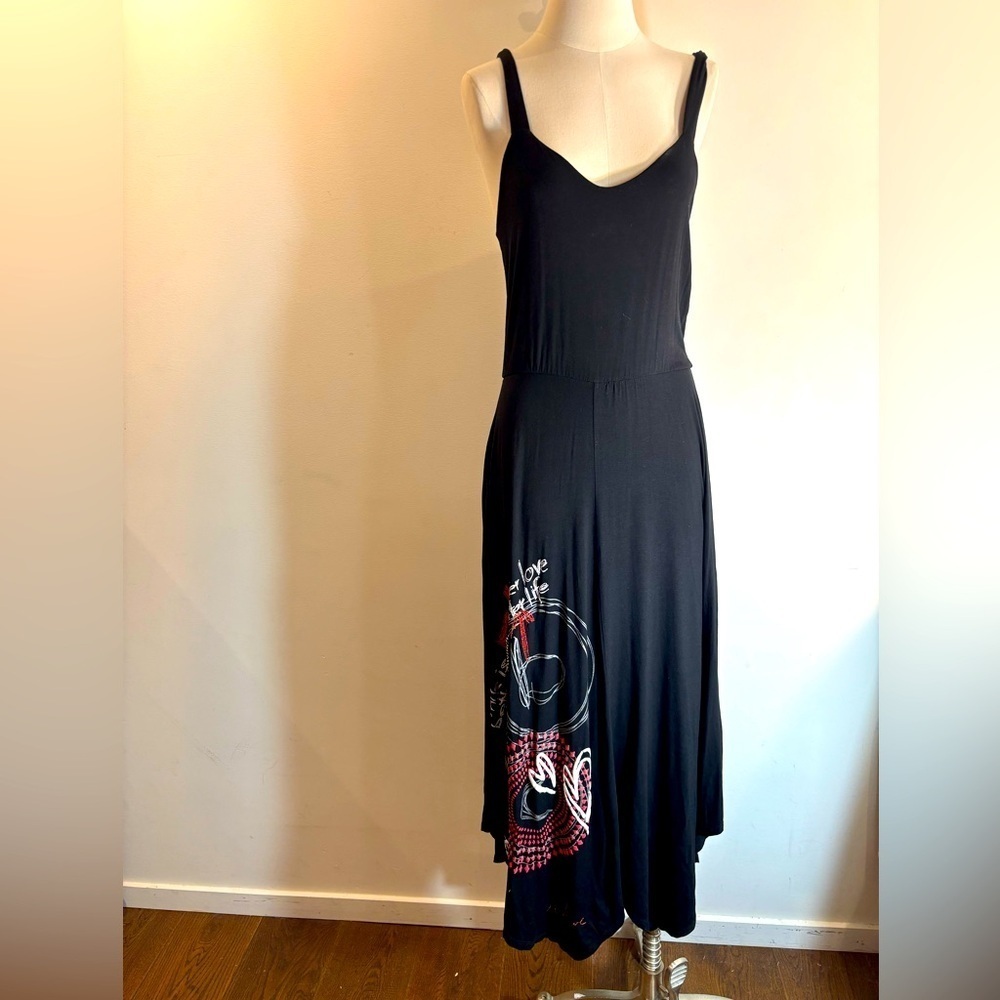 DESIGUAL Sz M (estmated) Maxi Dress with Graphic Accents Asymmetrical Straps